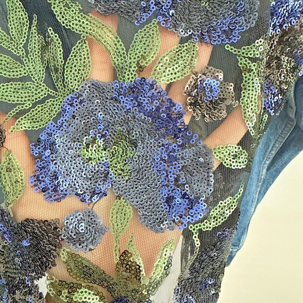 Suzy T Designs Sz L Lace Back Denim Jacket Blue Statement Couture Floral Boho - Picture 5 of 16